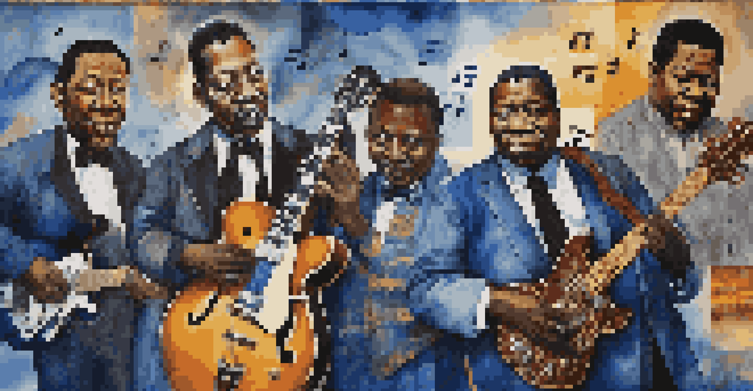 A collage of famous blues artists with musical notes and instruments in a vibrant background, symbolizing the cultural significance of blues music.