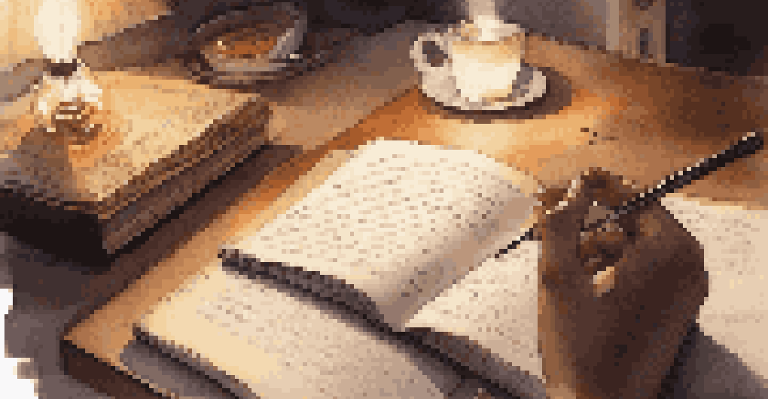 A close-up of hands writing lyrics in a journal with a guitar and a warm cup of tea nearby, set in a cozy, softly lit environment.