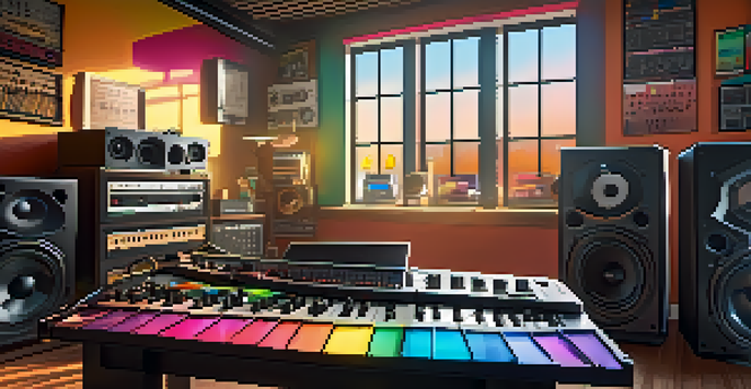 A bright music studio with instruments and a digital audio workstation showing sound waves, illuminated by sunlight.