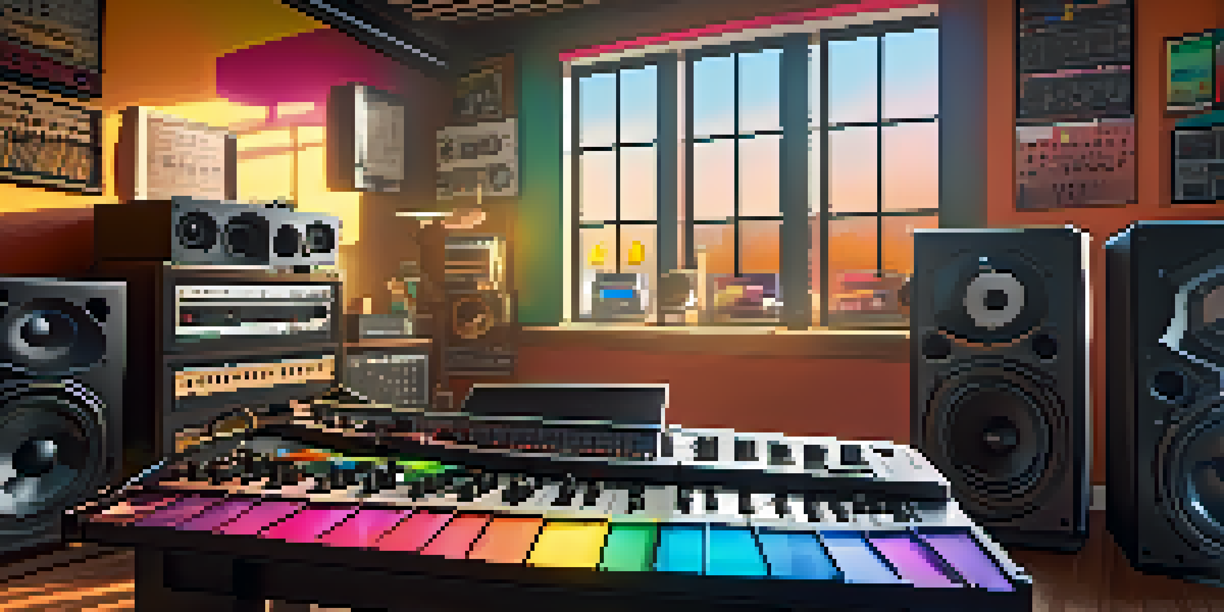 A bright music studio with instruments and a digital audio workstation showing sound waves, illuminated by sunlight.