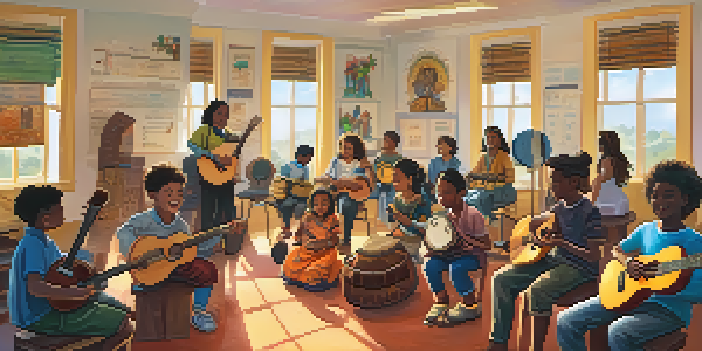 A diverse group of students in a classroom playing various musical instruments from different cultures, with sunlight illuminating their engaged expressions.