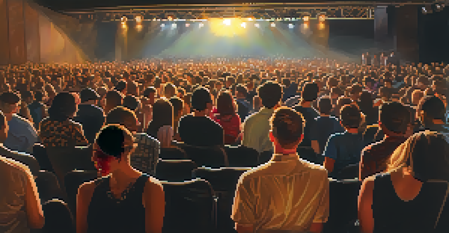 Audience members watching a live performance, showcasing their engaged expressions under warm stage lights.