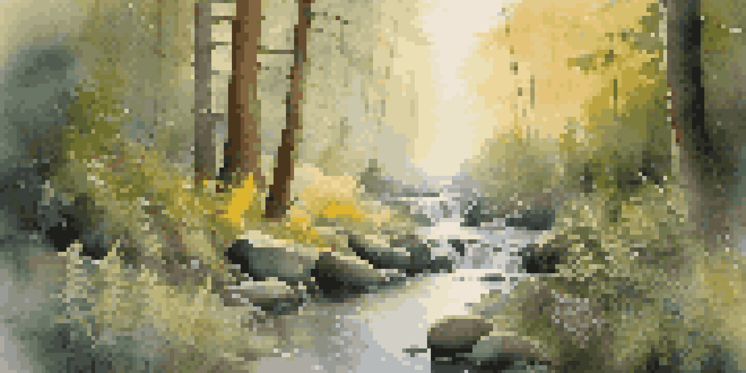 A quiet forest at dawn with sunlight shining through trees, a stream in the foreground, and birds perched on branches.