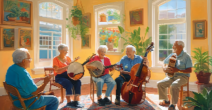 Elderly individuals engaging in a joyful music therapy session, playing instruments in a warm and inviting room.