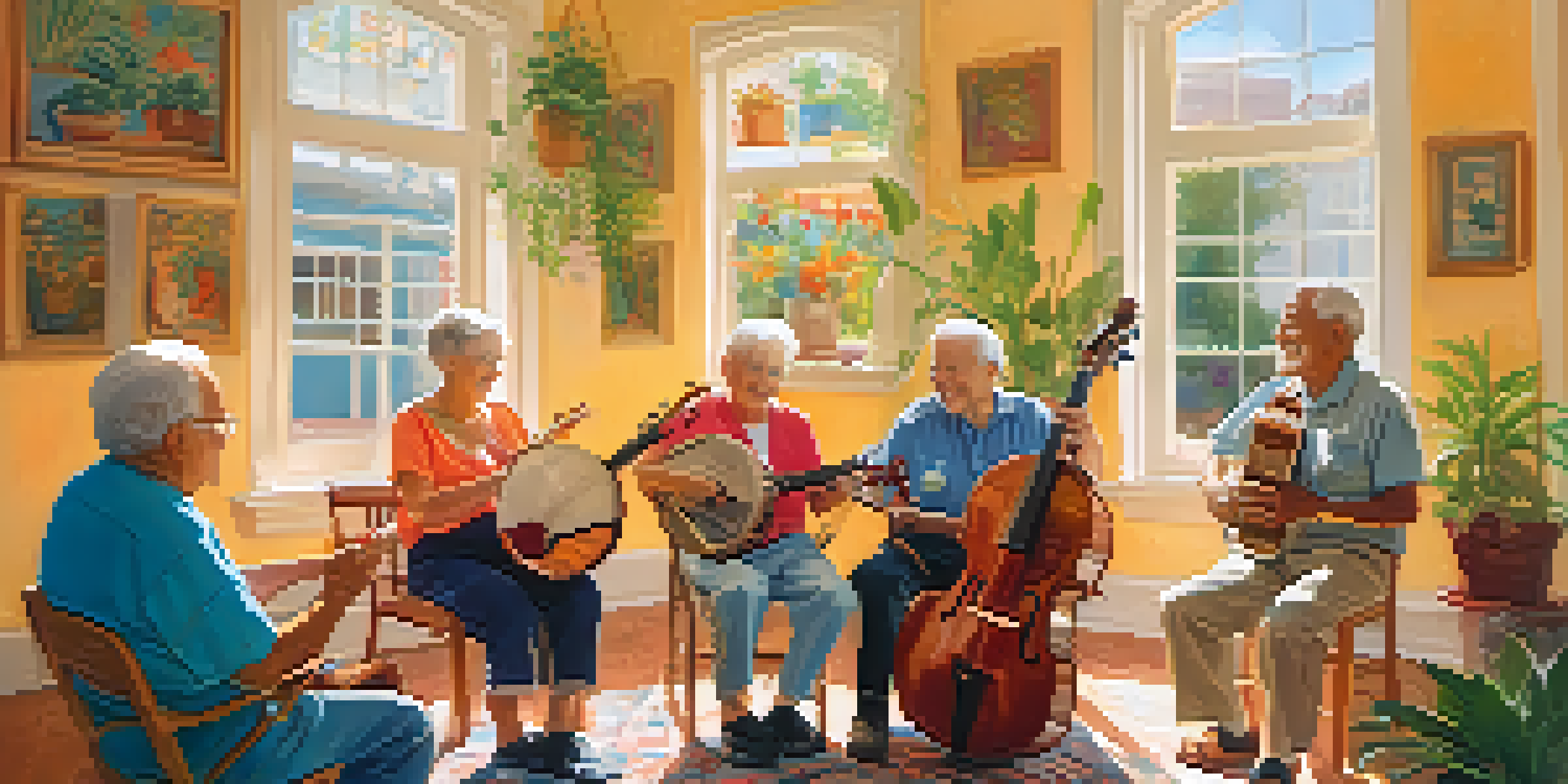 Elderly individuals engaging in a joyful music therapy session, playing instruments in a warm and inviting room.