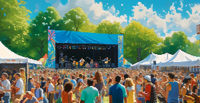 A lively outdoor music festival with a diverse crowd enjoying performances, colorful banners, and musicians playing on stage.