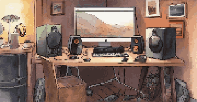 A warm and inviting home studio with recording equipment and sound props, illuminated by soft lighting.