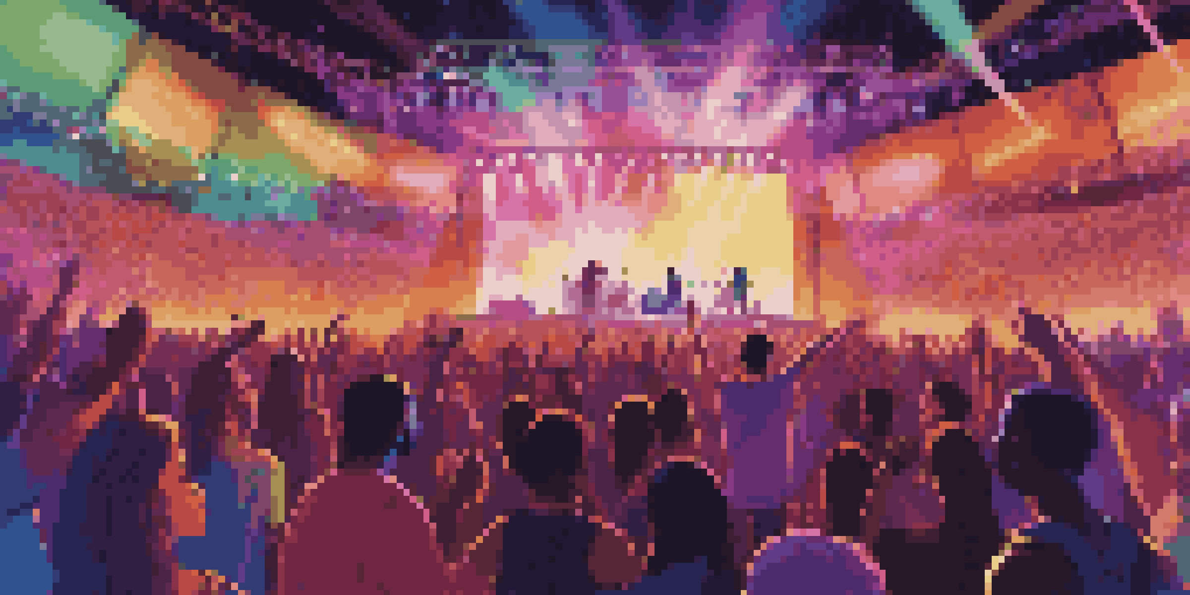 A lively digital music festival with fans watching a live performance on large screens, surrounded by colorful lights and visual effects.