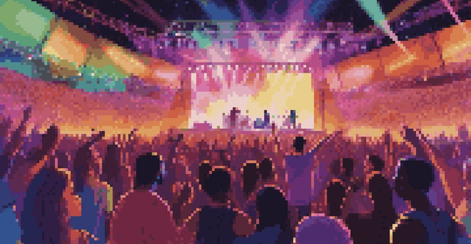 A lively digital music festival with fans watching a live performance on large screens, surrounded by colorful lights and visual effects.