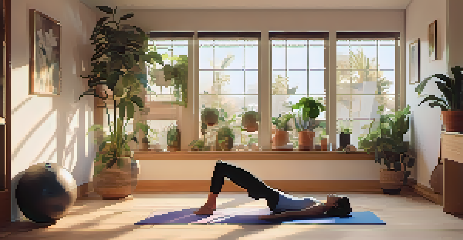 A home workout scene with yoga mat and dumbbells, featuring a person in a yoga pose surrounded by musical notes.
