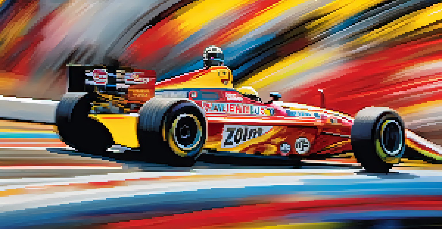 A race car speeding on a track, with vibrant sound waves illustrated around it, surrounded by cheering spectators and a blurred background to emphasize motion.