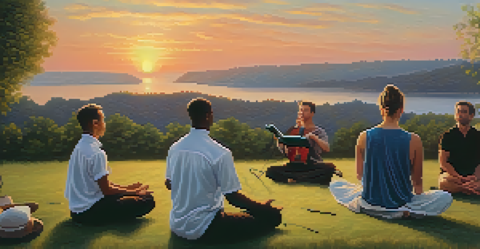 Performers doing breathing exercises outdoors at sunset, showcasing relaxation and calmness before a concert.