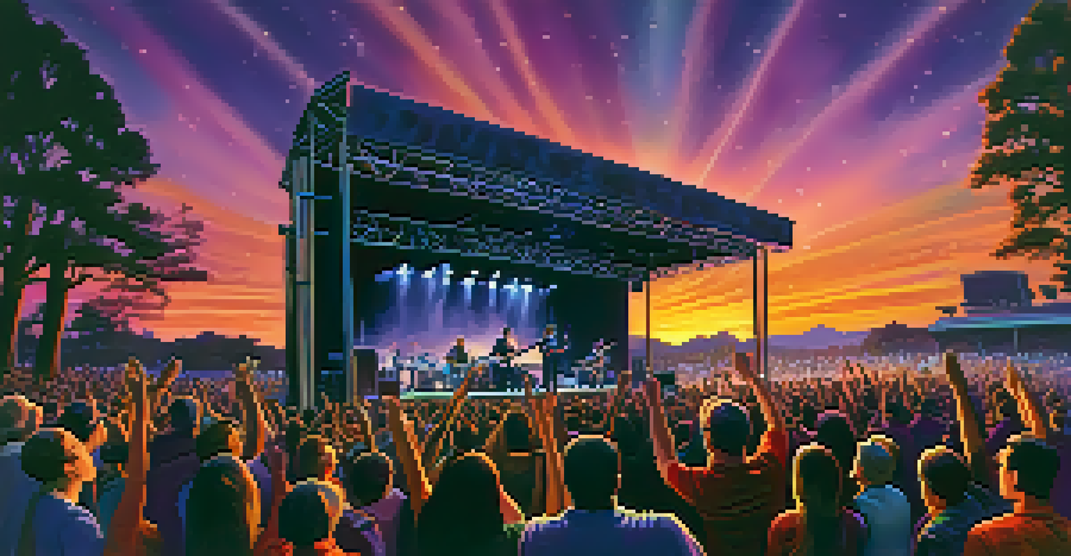 An energetic outdoor concert at dusk with a vibrant crowd and colorful stage lights.