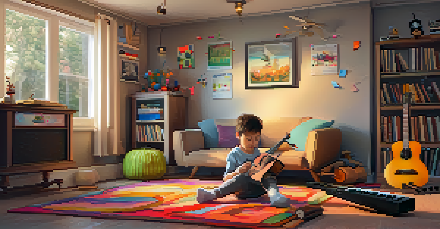 A child playing a keyboard on a rug in a cozy living room, surrounded by musical instruments and floating music notes.