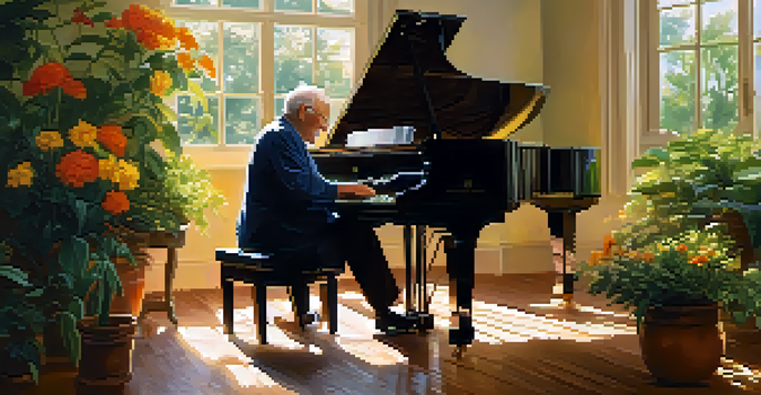 An elderly man playing a grand piano in a bright room surrounded by plants, smiling as he enjoys making music.