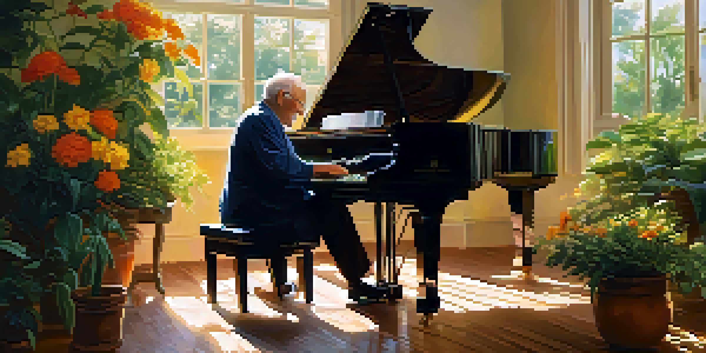 An elderly man playing a grand piano in a bright room surrounded by plants, smiling as he enjoys making music.