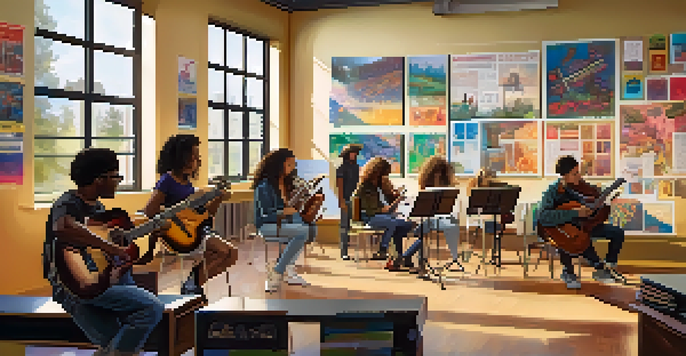 A diverse group of students in a colorful music classroom, collaborating on a songwriting project with various musical instruments around them.