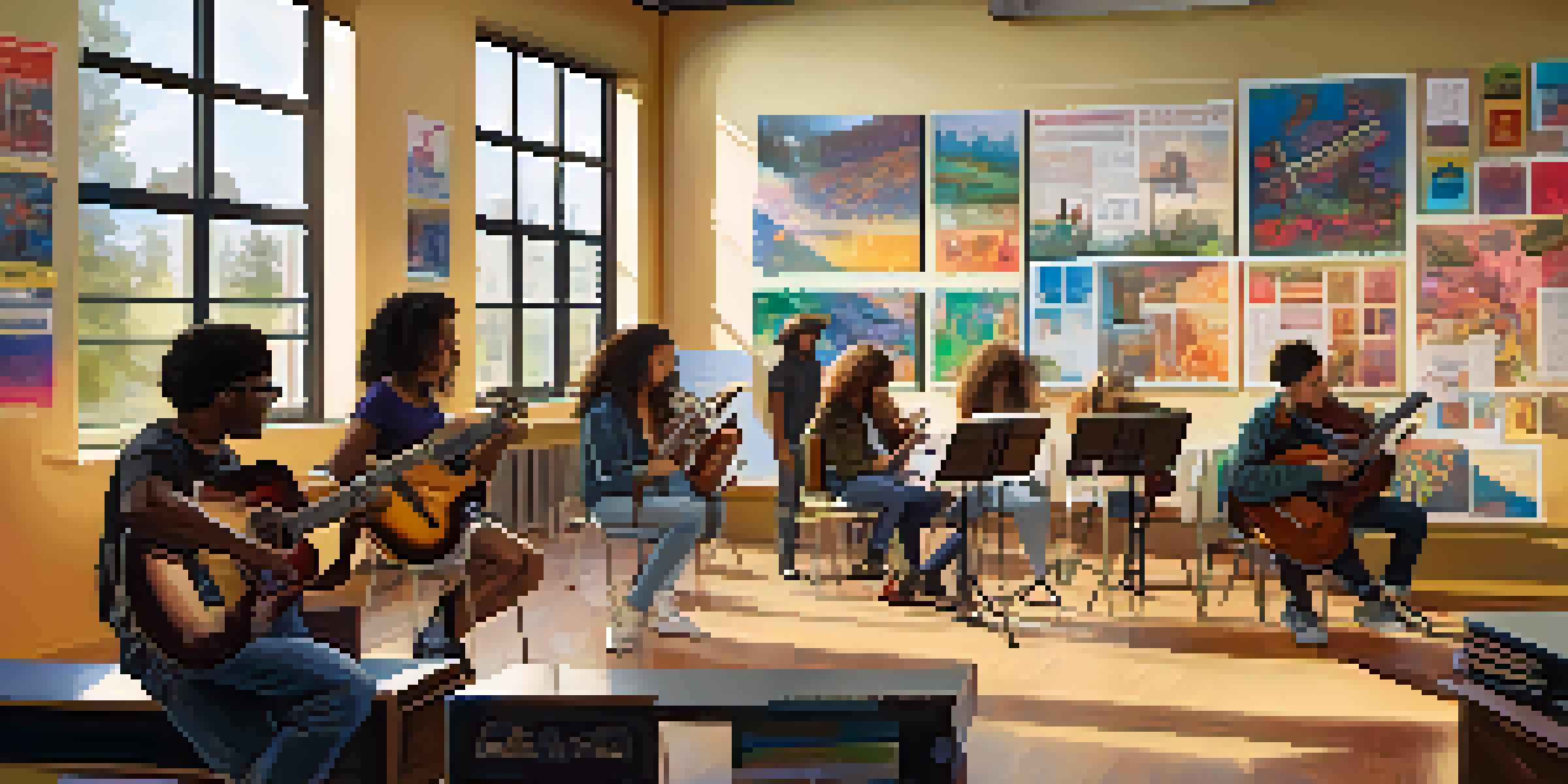 A diverse group of students in a colorful music classroom, collaborating on a songwriting project with various musical instruments around them.