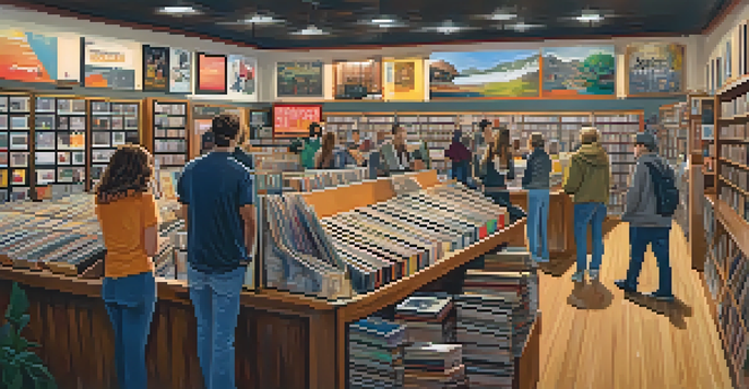A colorful record store with vinyl records and album covers, featuring diverse groups of people exploring the music.