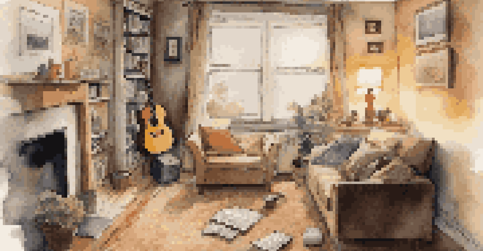 A person playing guitar in a cozy living room with handwritten lyrics scattered around, and rain visible through the window.
