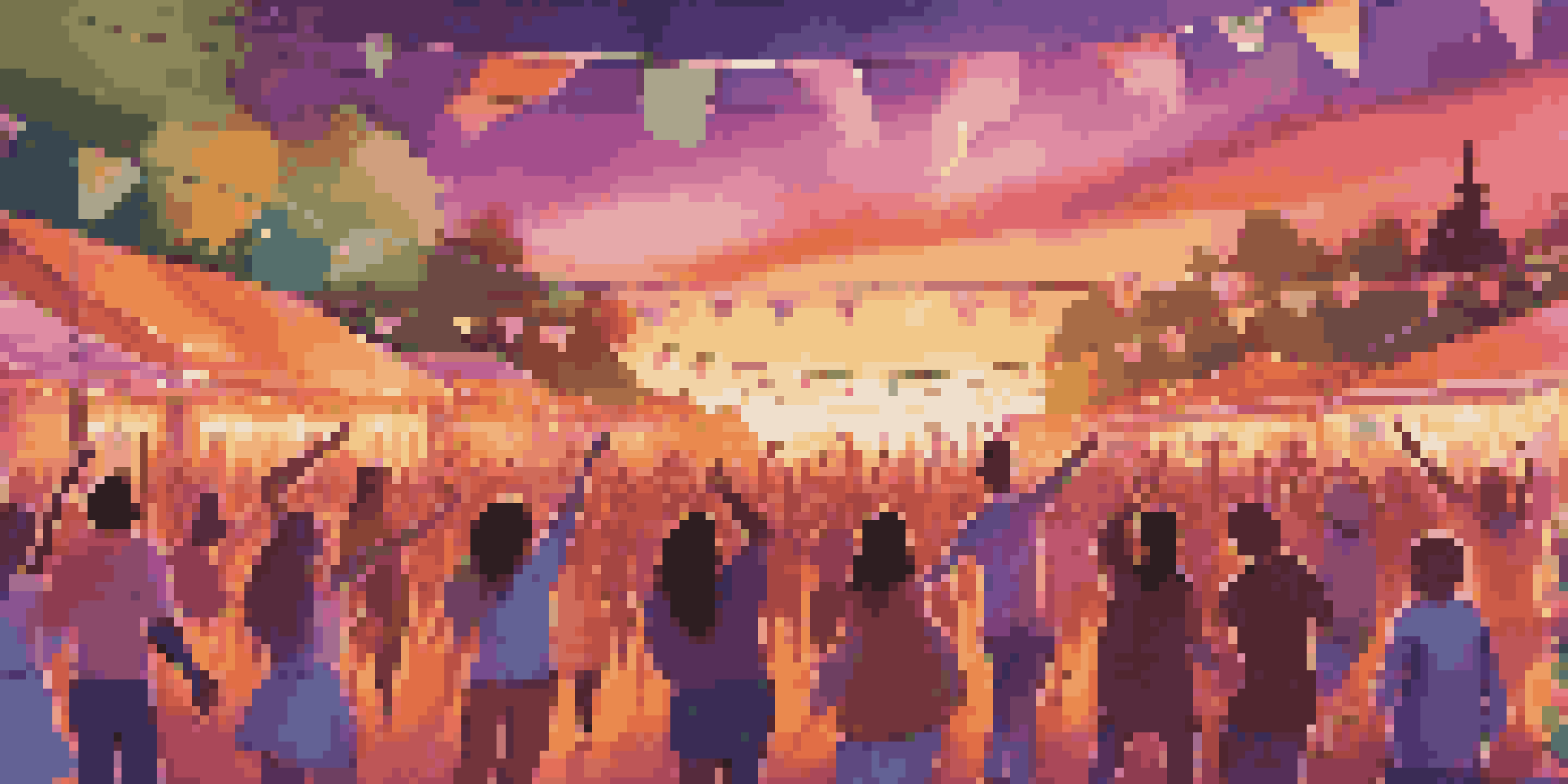 A lively outdoor music festival at sunset with a diverse crowd dancing and colorful stage lights.