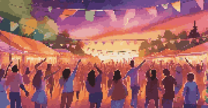 A lively outdoor music festival at sunset with a diverse crowd dancing and colorful stage lights.