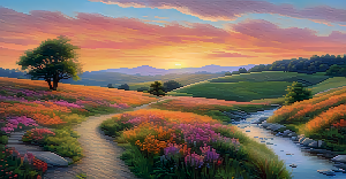 A picturesque landscape with rolling hills at sunset, filled with colorful wildflowers and a winding path.