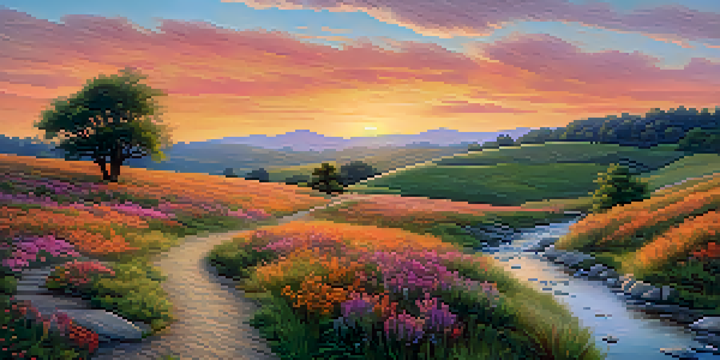A picturesque landscape with rolling hills at sunset, filled with colorful wildflowers and a winding path.