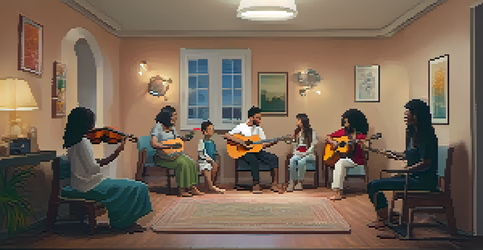 A music therapy session with a diverse group of patients creating music together under the guidance of a therapist in a warmly lit room.