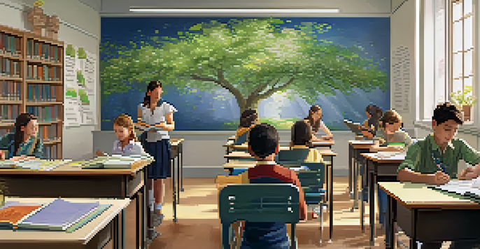 A classroom filled with students focused on their work, with a teacher observing, and soft lighting creating a calm environment.