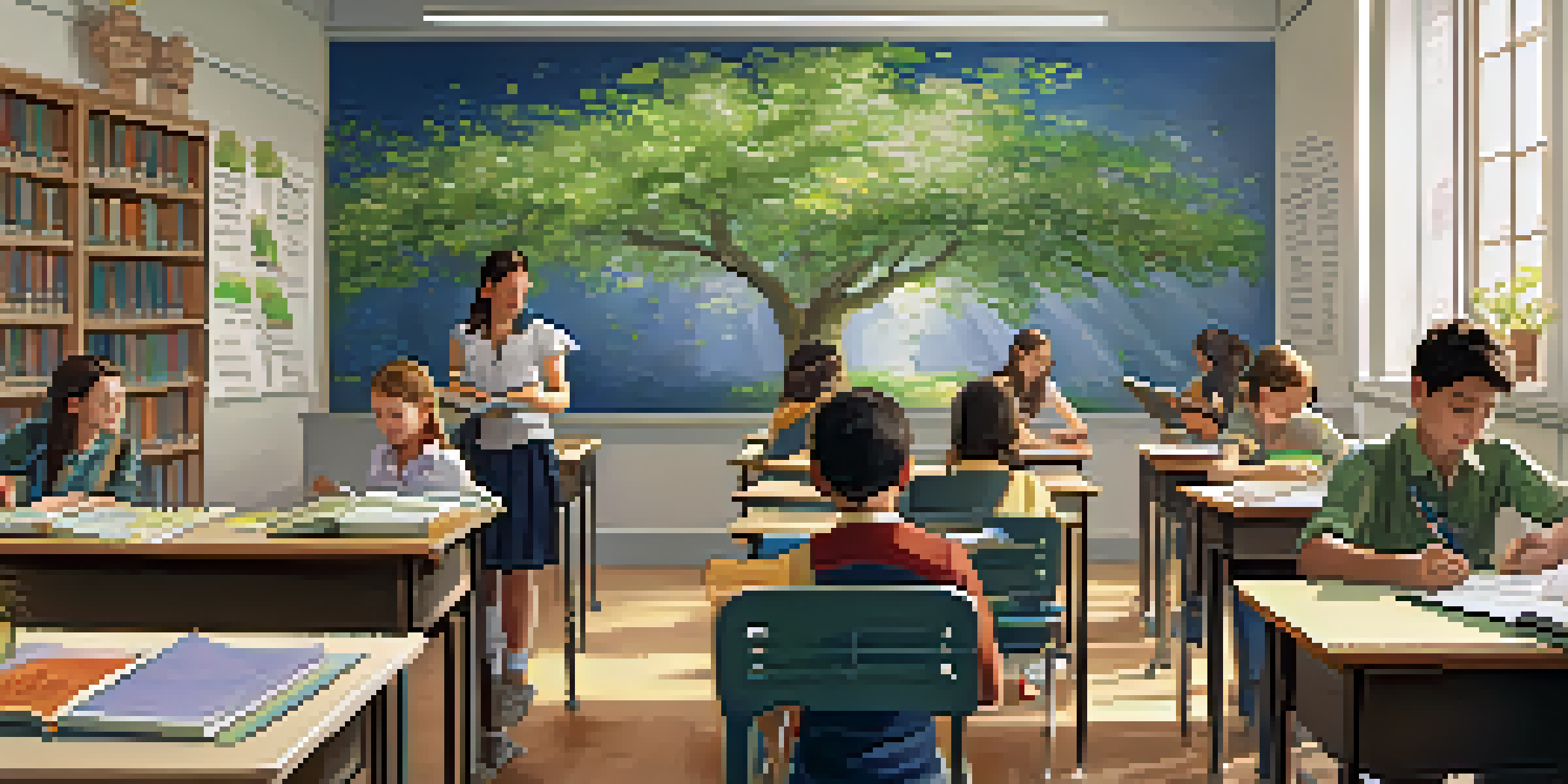 A classroom filled with students focused on their work, with a teacher observing, and soft lighting creating a calm environment.