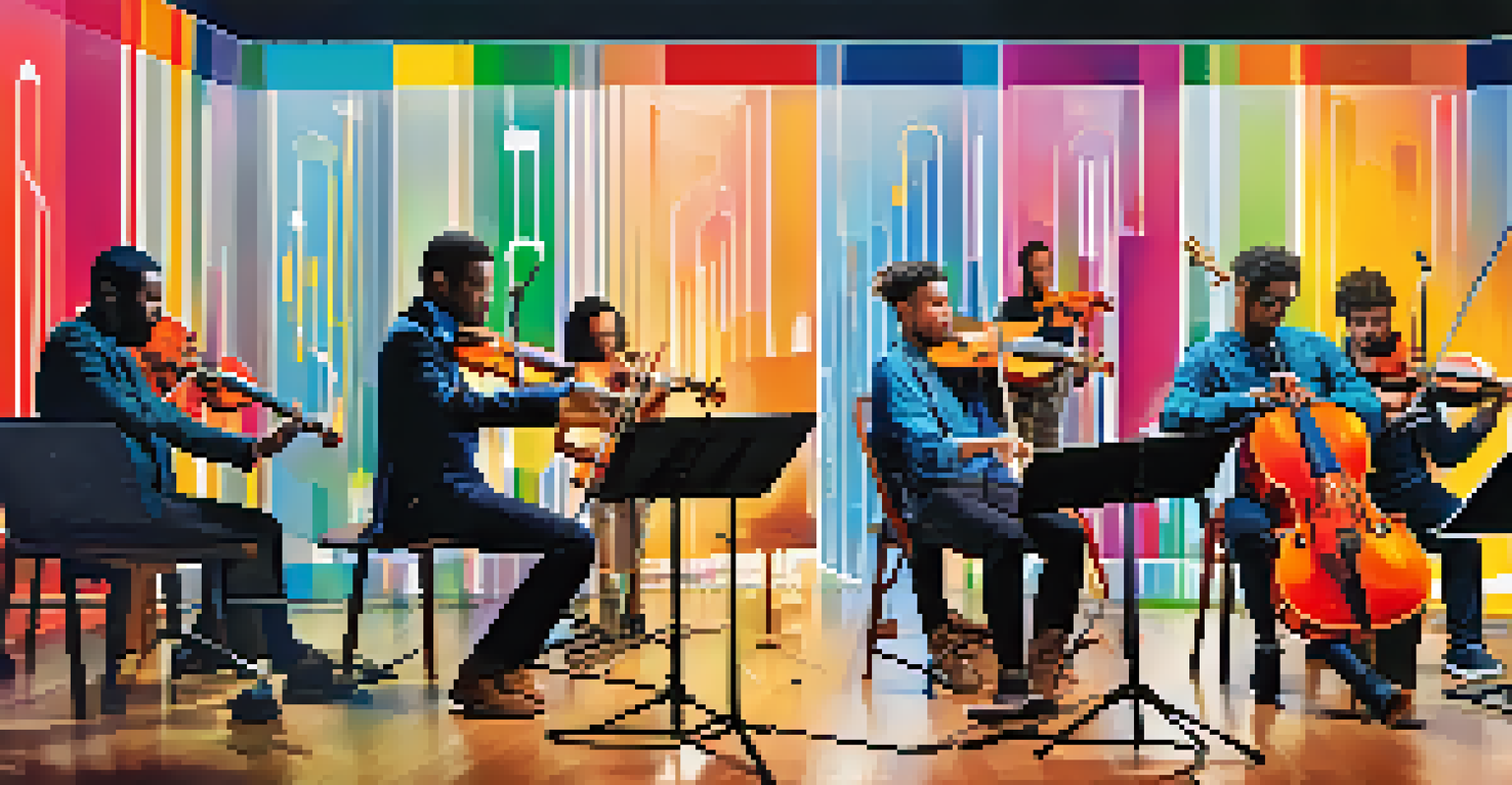 A diverse group of musicians collaborating online, each in their own environment, using digital notation software.