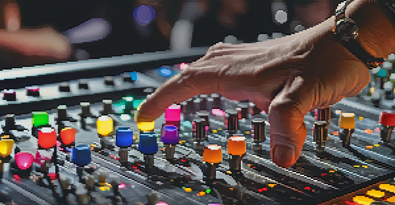 Close-up of a sound engineer's hands on a mixing console during a live performance, with blurred band members in the background.
