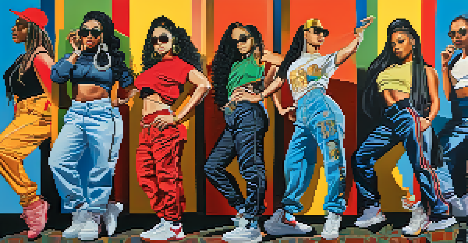 A collage of female hip-hop icons throughout history, showcasing their unique styles and influences in a vibrant background.