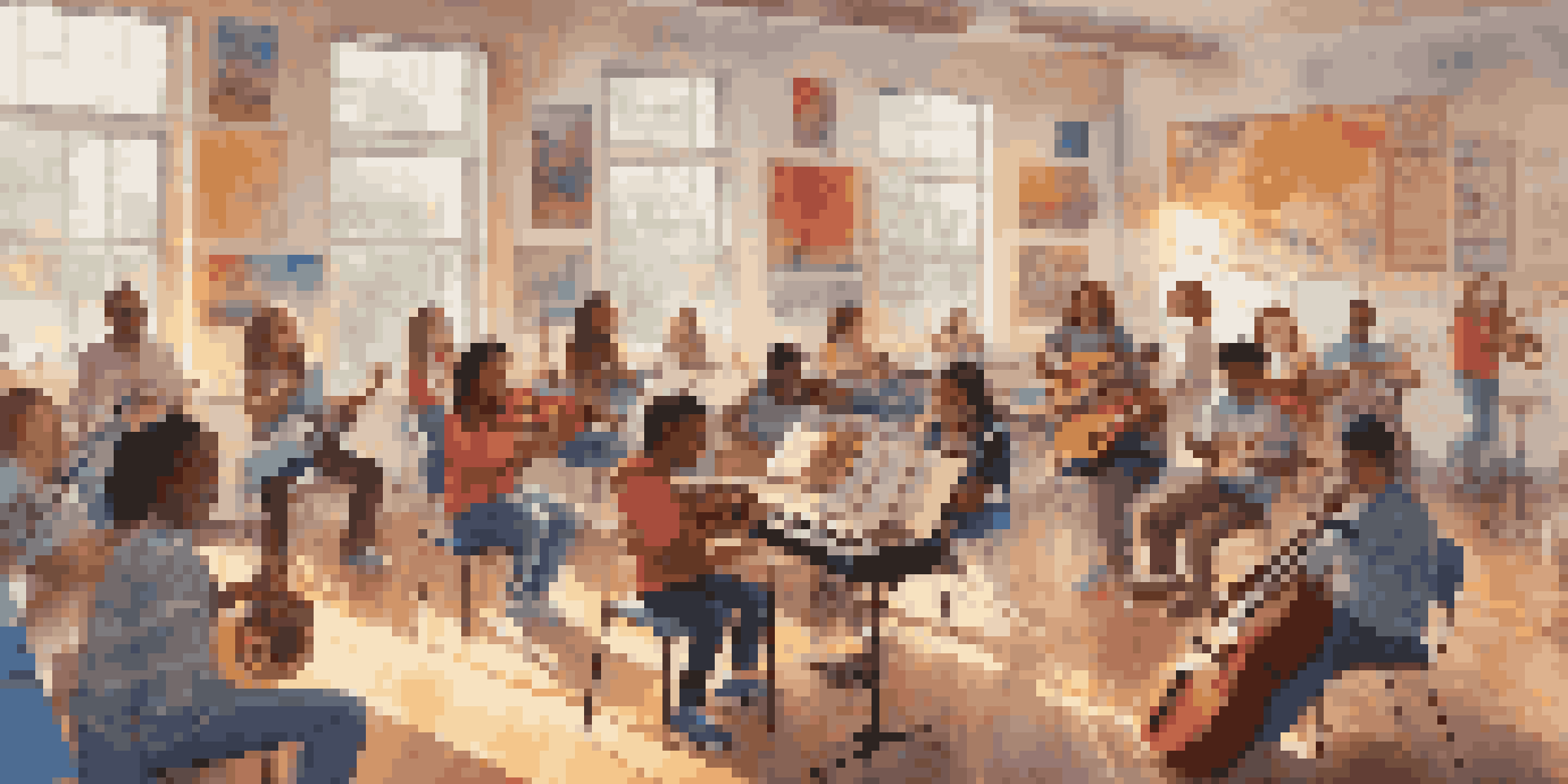A diverse classroom where students share their favorite music, with colorful instruments and genre posters.