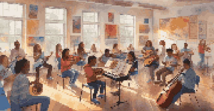 A diverse classroom where students share their favorite music, with colorful instruments and genre posters.