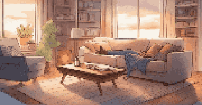 A cozy living room with a smart speaker on a coffee table and a person relaxing on a sofa with headphones.