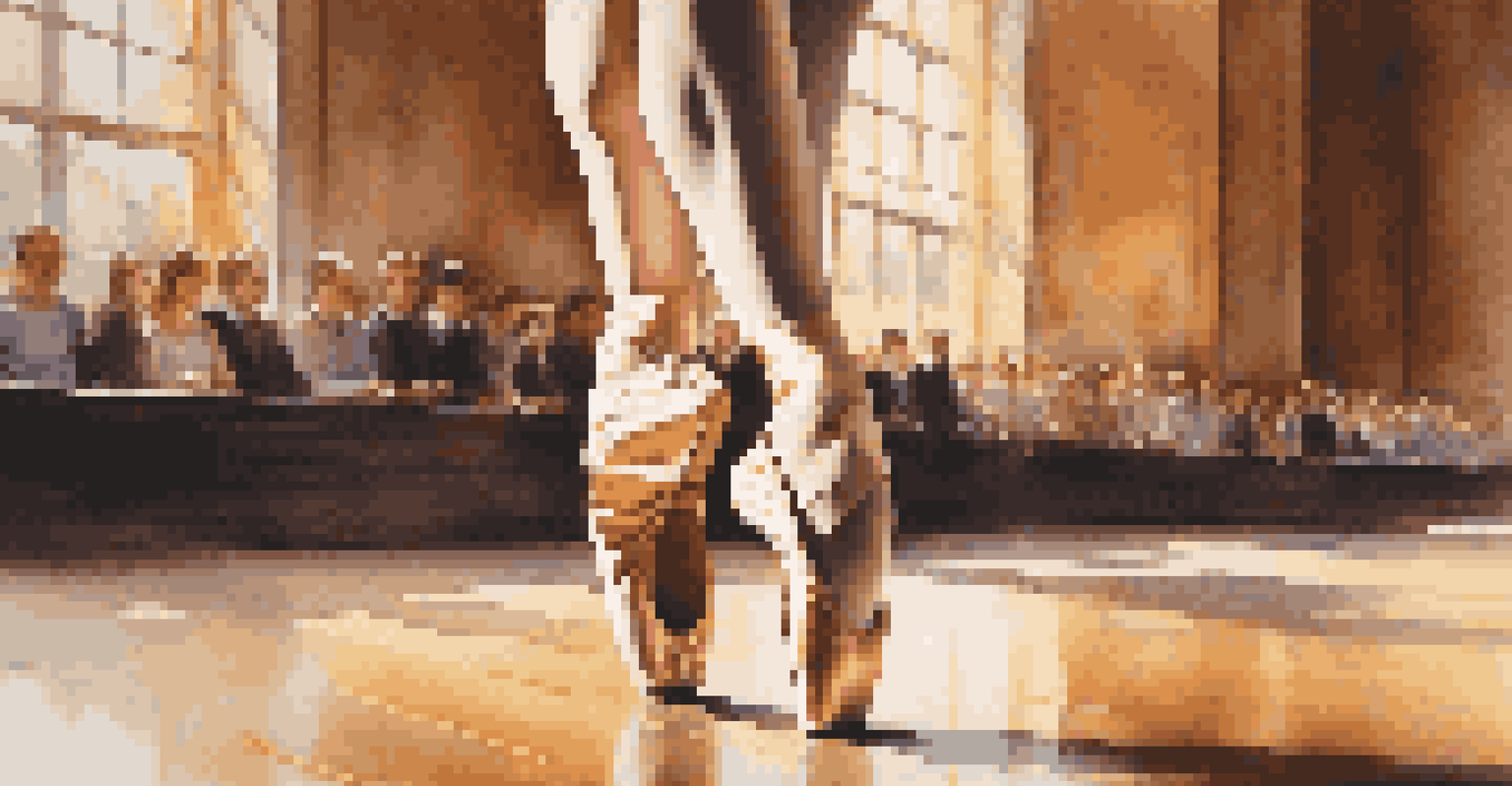 Close-up of a dancer's feet in ballet shoes executing a leap, with a blurred audience in the background.
