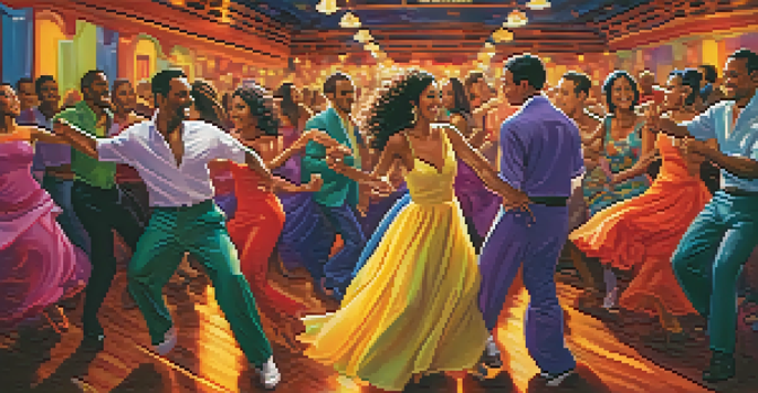 A diverse group of dancers joyfully dancing on a lively salsa music-filled dance floor, with colorful costumes and a cheering crowd in the background.