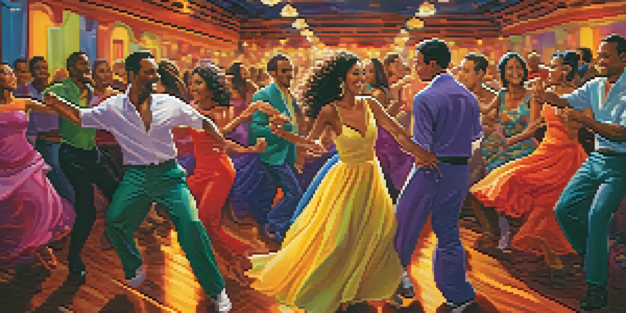 A diverse group of dancers joyfully dancing on a lively salsa music-filled dance floor, with colorful costumes and a cheering crowd in the background.