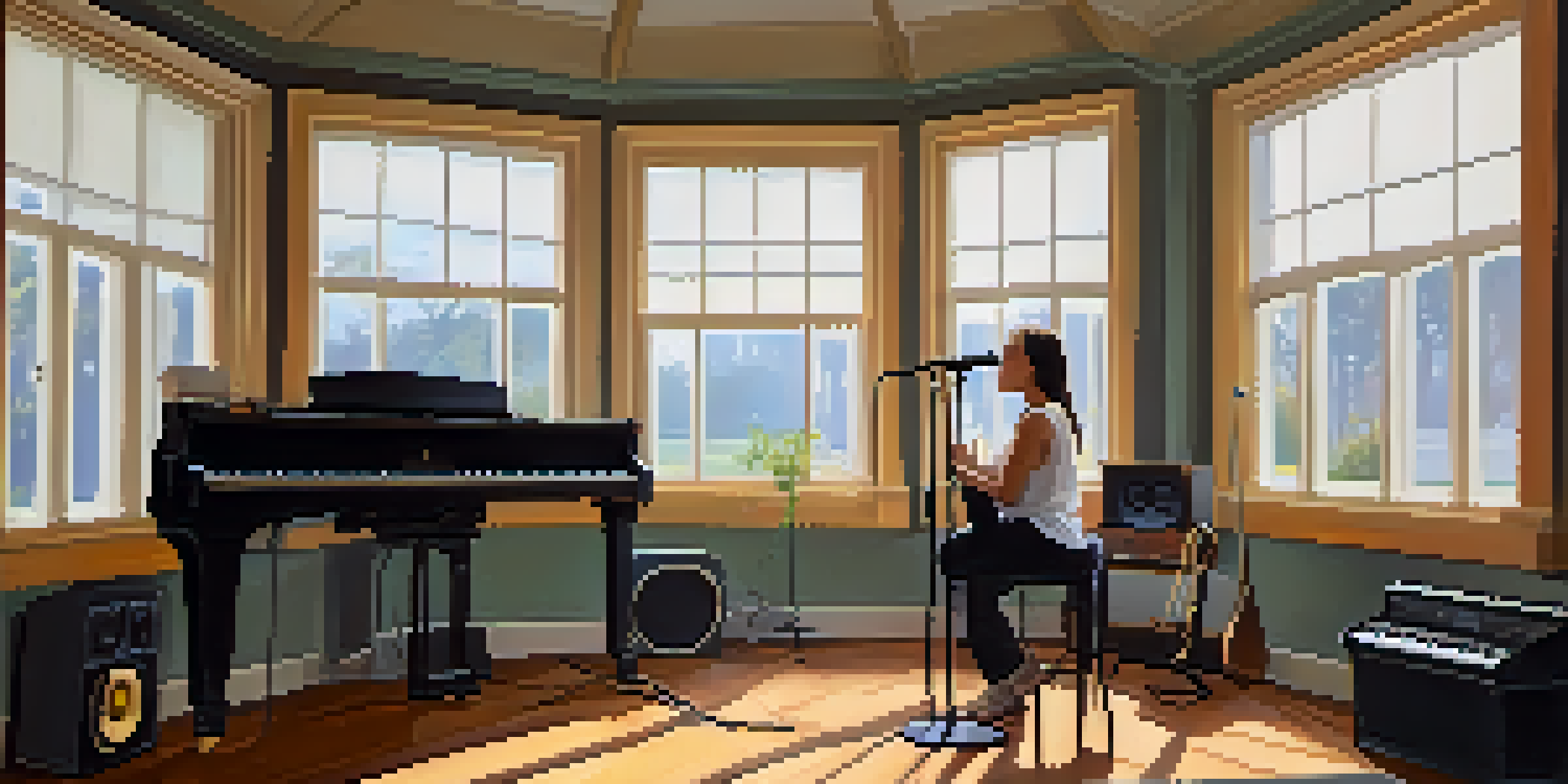 A vocalist practicing breathing techniques in a bright music studio, with hands positioned to demonstrate diaphragmatic breathing.