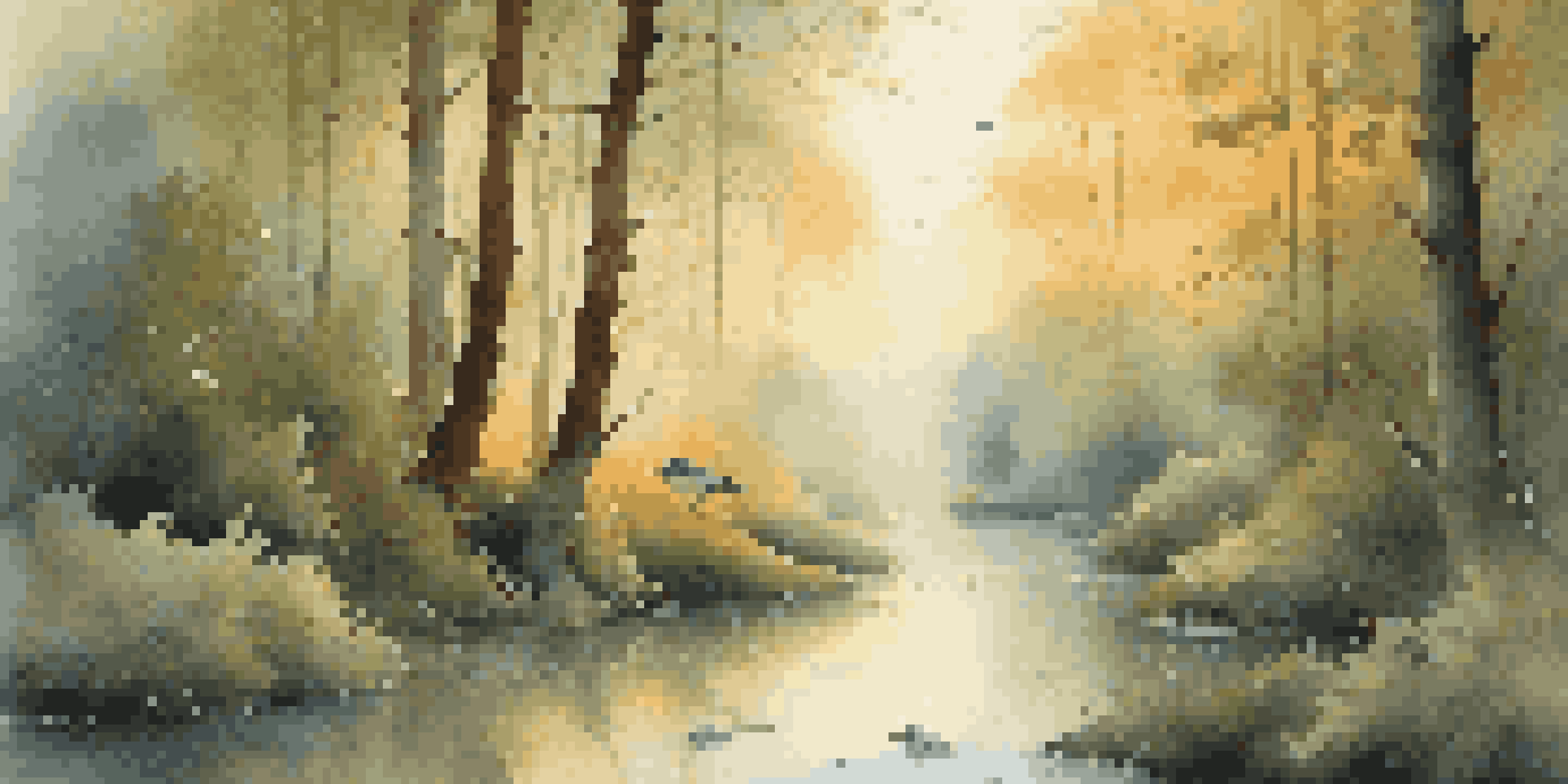 A tranquil forest at dawn, with sunlight through trees, singing birds, and a flowing stream, embodying the peace of nature.