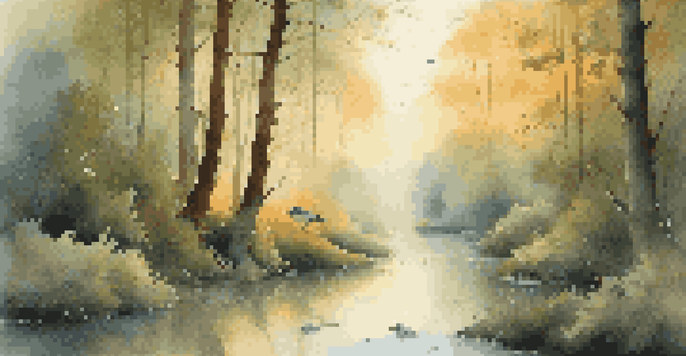 A tranquil forest at dawn, with sunlight through trees, singing birds, and a flowing stream, embodying the peace of nature.