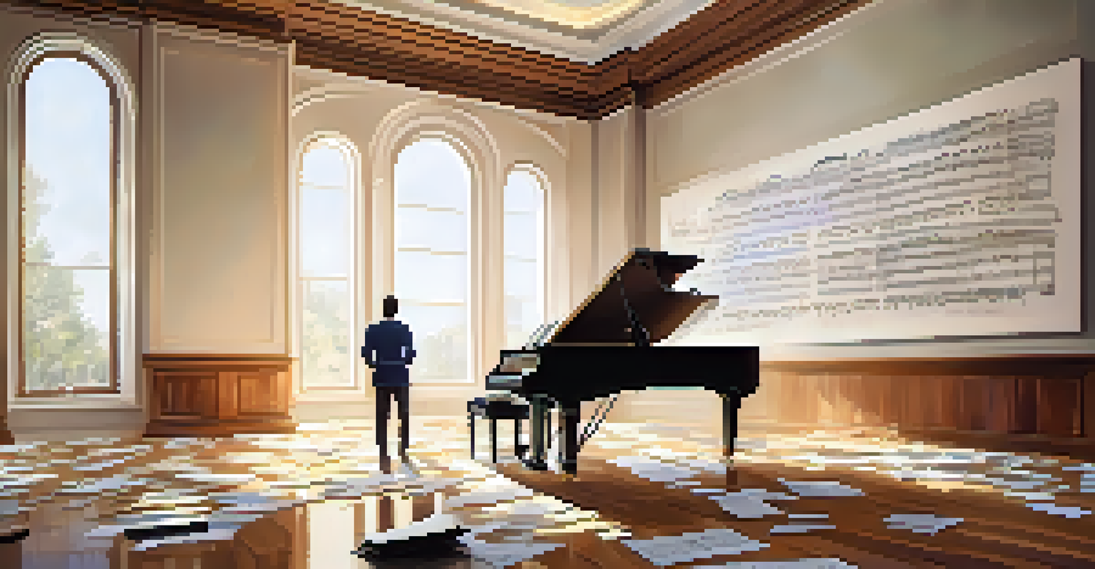 A musician practicing at a grand piano surrounded by sheet music, with colorful music notes floating in the air in a well-lit room.