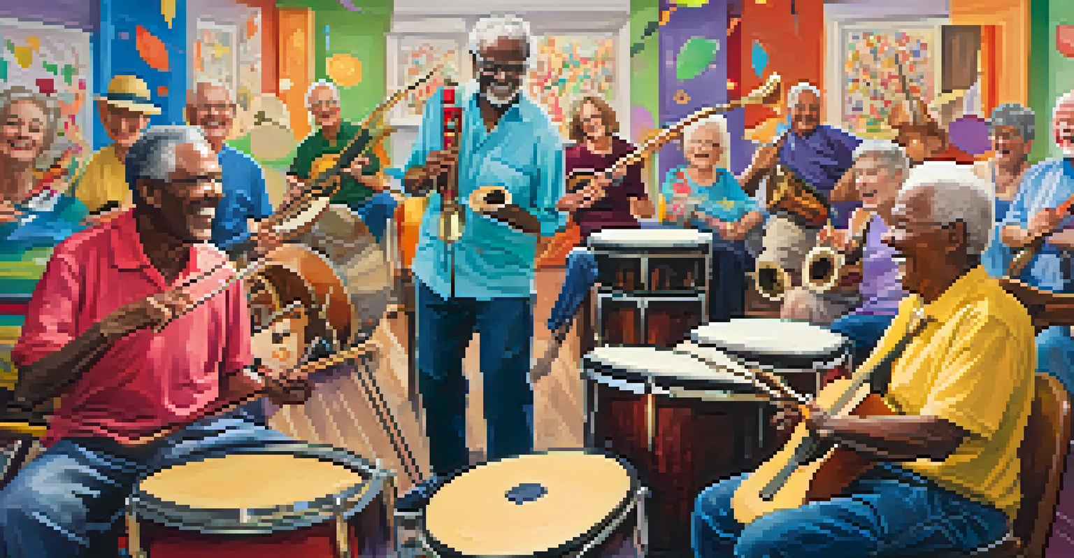 A group of seniors enjoying a music class, playing instruments and smiling in a vibrant, decorated room.