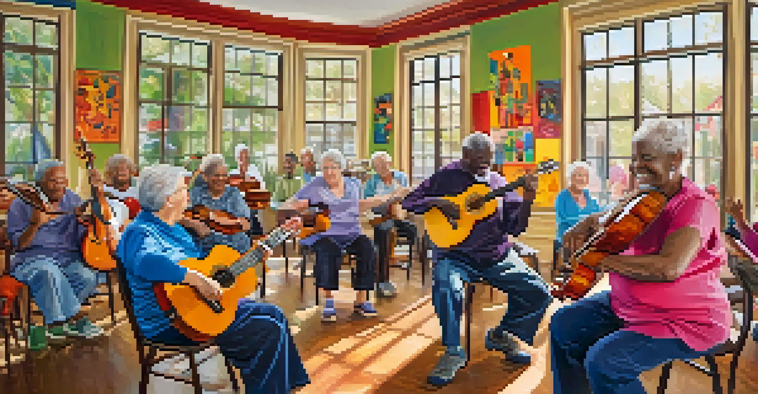 A group of older adults enjoying a music class with various instruments, smiling and engaged in the activity.