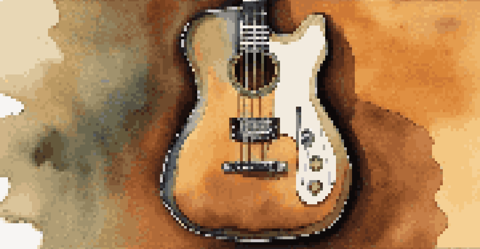A split image displaying an acoustic guitar and an electric guitar, highlighting the textural and color contrasts between the two styles.