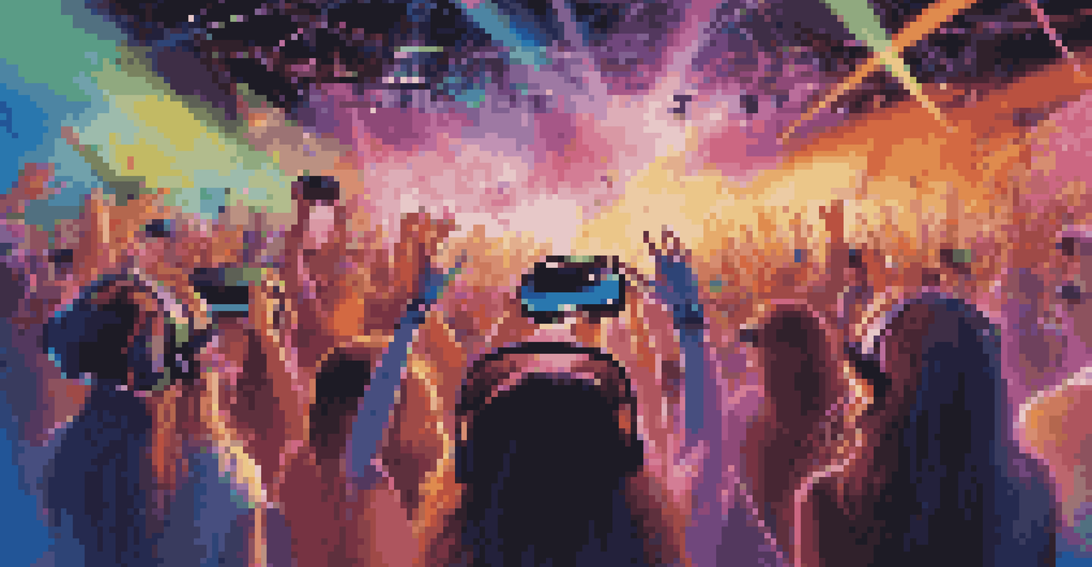 Fans enjoying a virtual reality concert experience with vibrant lights and animated visuals.