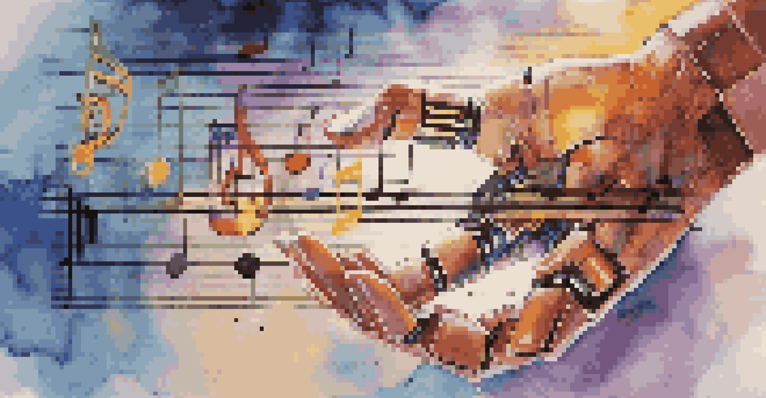 An artistic depiction of a human hand and a robotic arm interacting with glowing musical notes, representing creativity and AI in music.