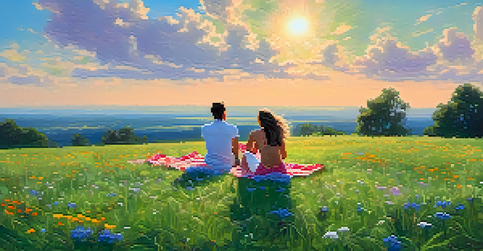 A couple lying in a green field covered with colorful wildflowers under a blue sky.
